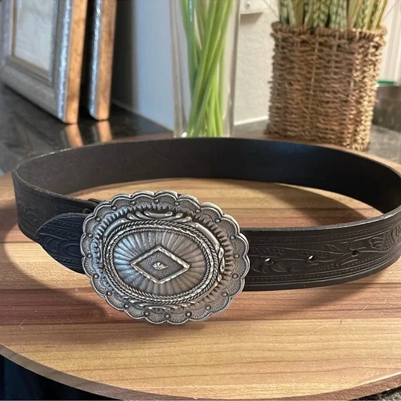 Ralph Lauren Black Tooled Leather Concho Belt